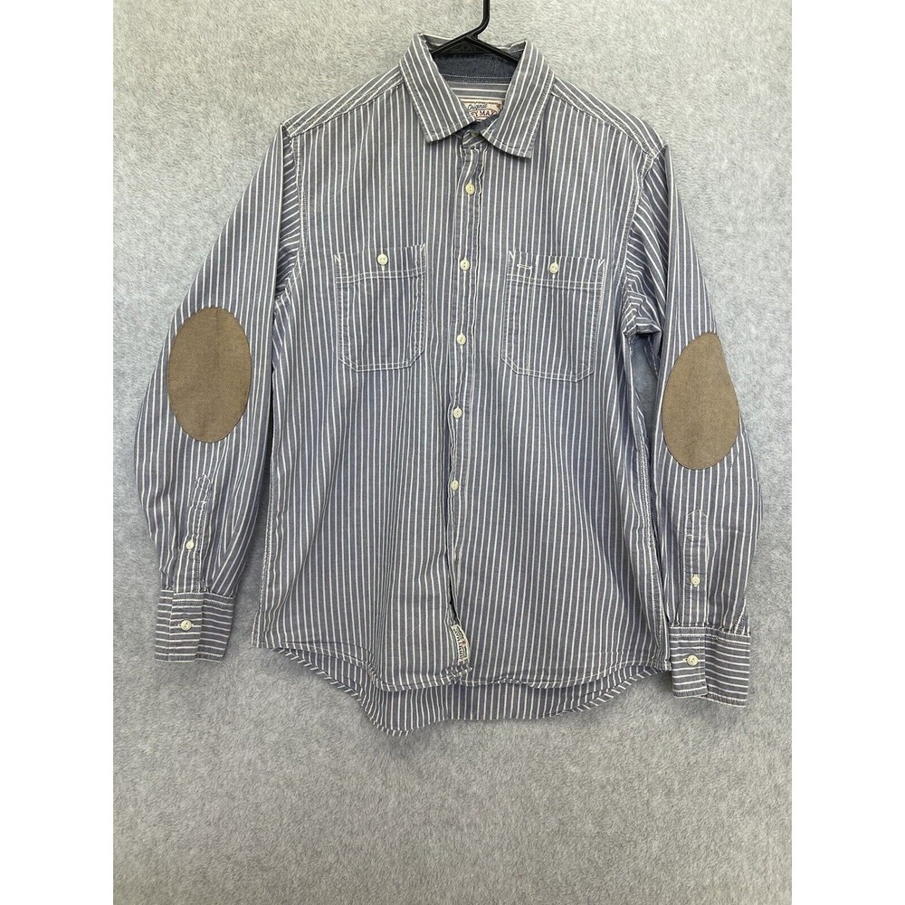 Jeffrey Max Men's Button Down Shirt Elbow Pads Medium Blue White Striped